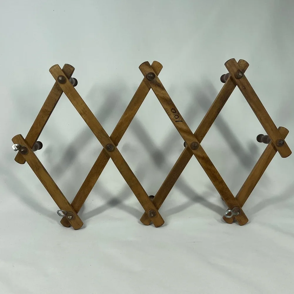 Vintage Wood Accordion Wall Rack 10 Peg Expandable Hat Mug Organizer 11.5